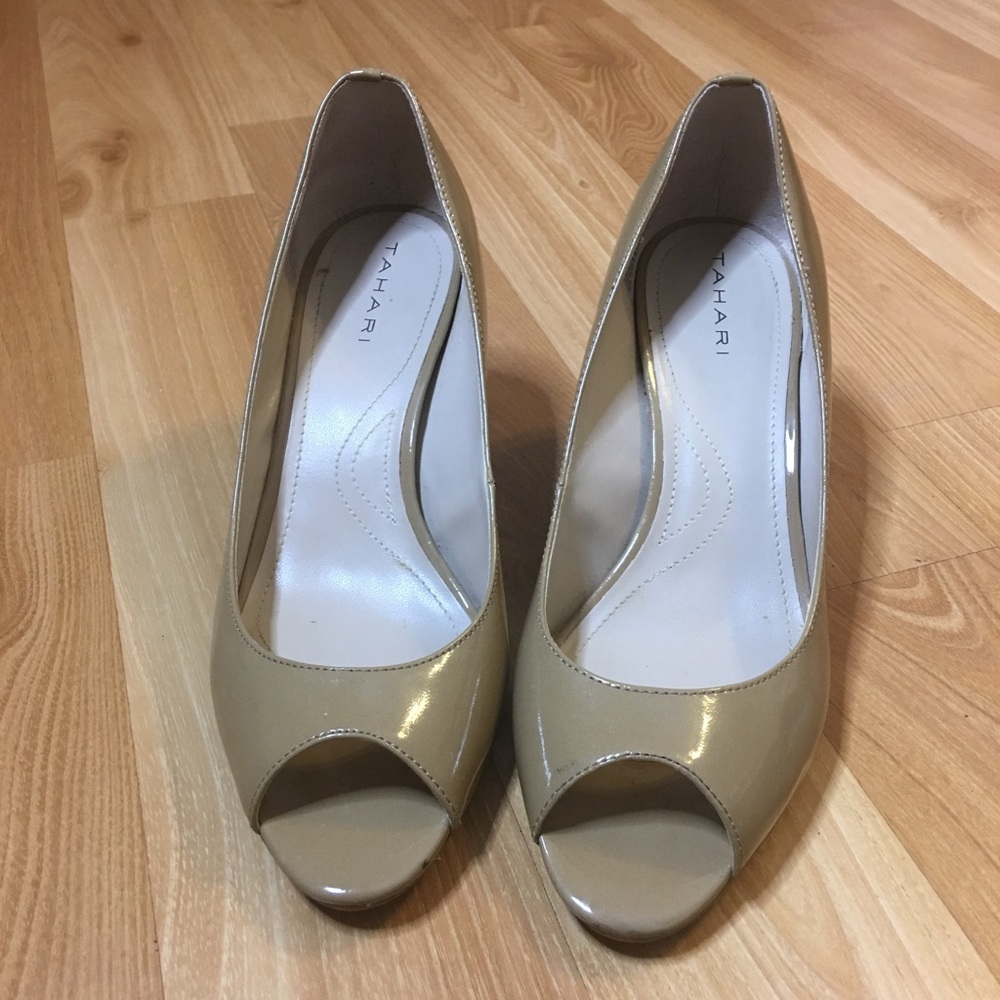 Nude open toe heels